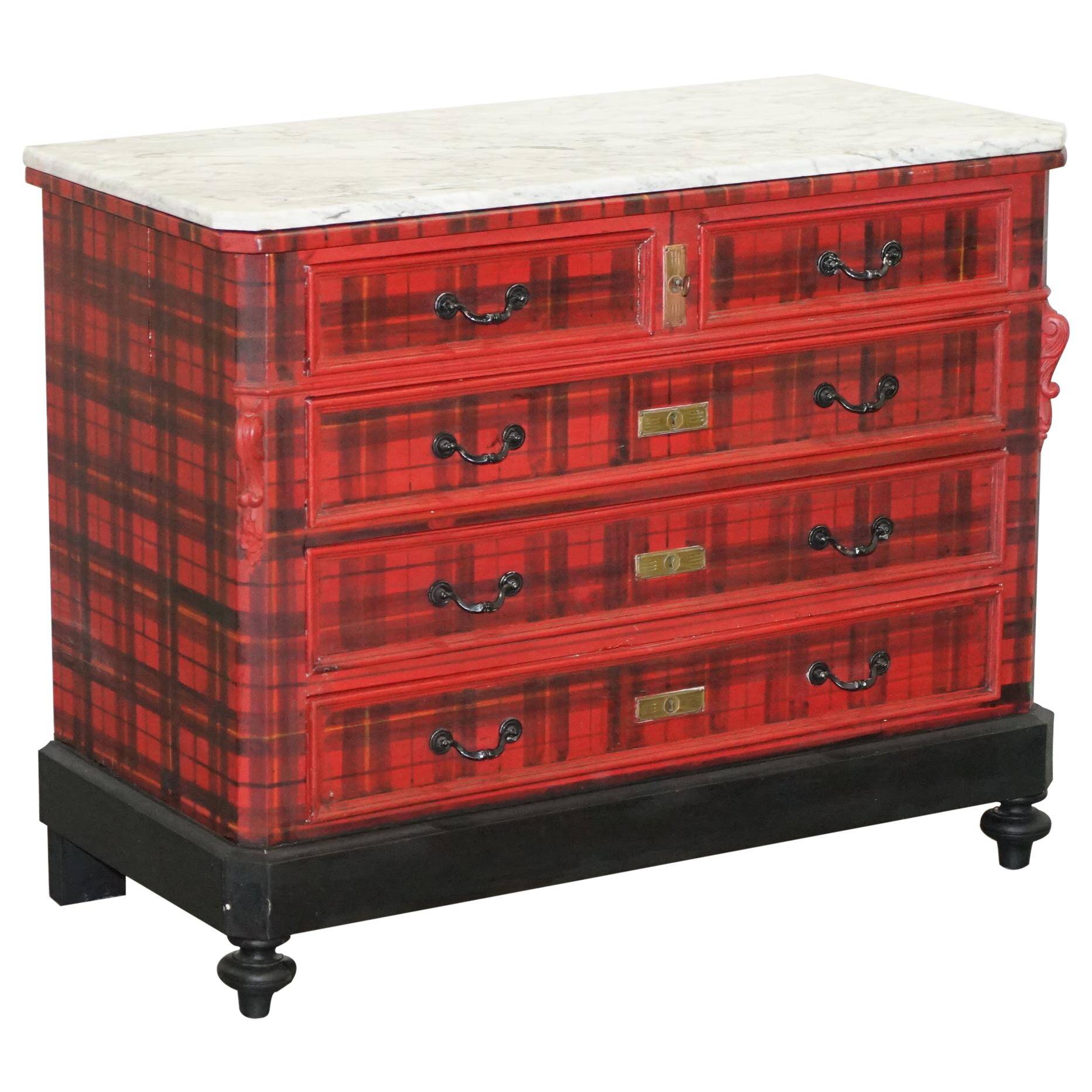 Victorian Commode with Tartan Upholstery and Marble Top