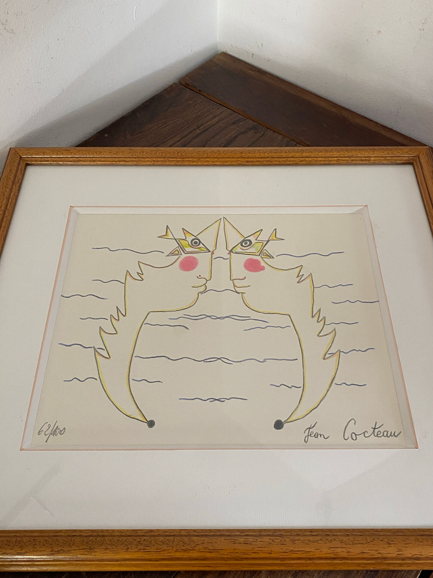 Lithograph, double profiles, Jean Cocteau