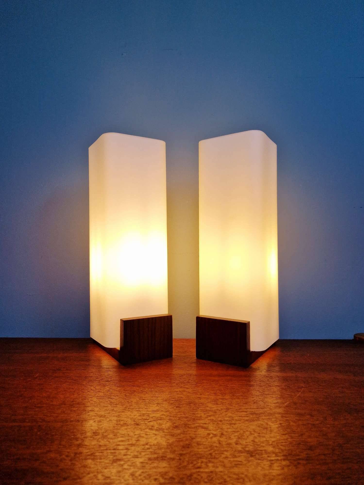 Pair of teak and white opaline wall lights, designed by Louis Kalff, 1960