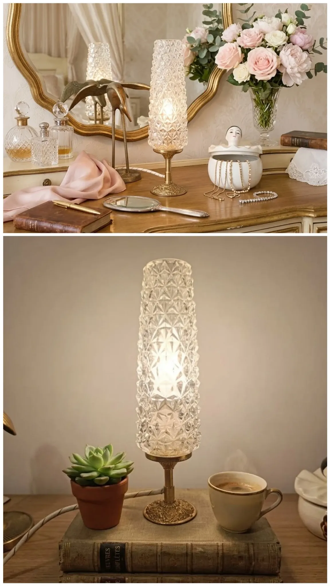 Retro chic art deco lamp, diamond tip & gilded brass