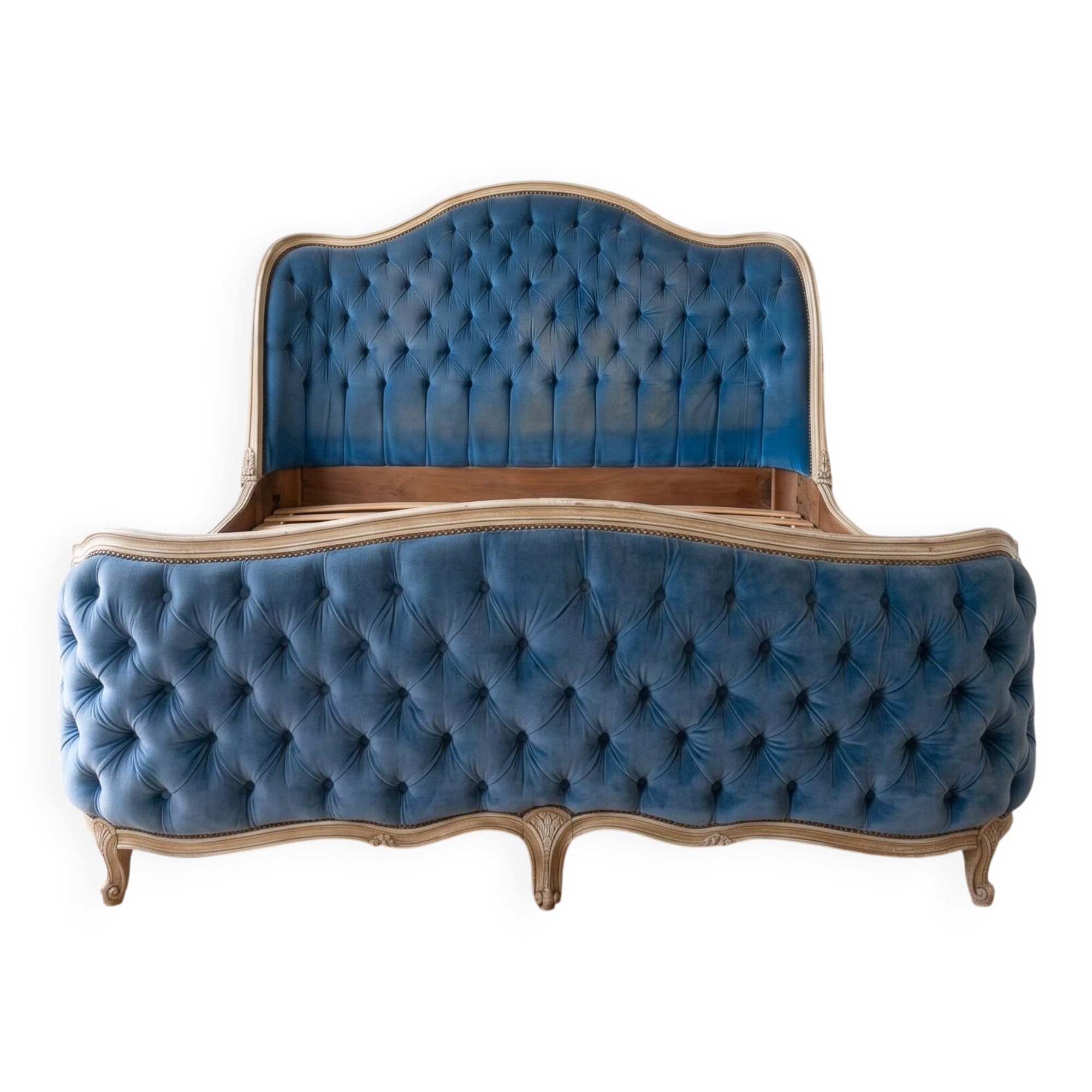 140x190 Louis XV bed in blue tufted velvet