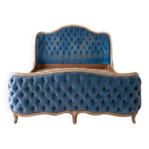 140x190 Louis XV bed in blue tufted velvet