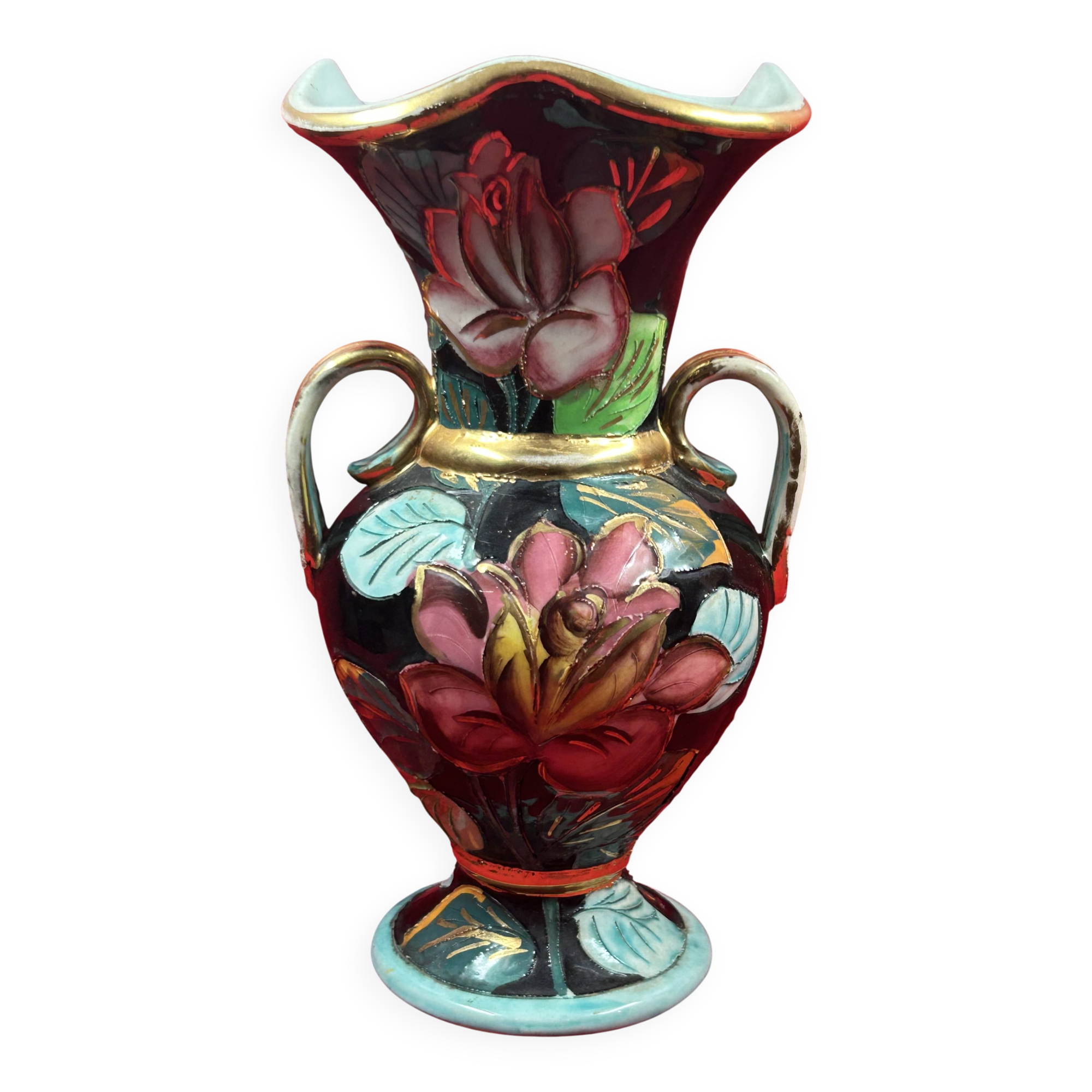 Flowered vase with gold accents or Vallauris, approximately 30 cm - signature to be identified.