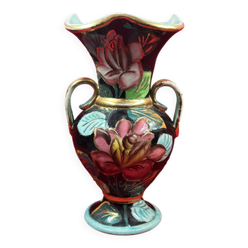Vase fleuri rehaut or  Vallauris  environ 30 cm - signature à identifier