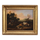 Antique Flemish bucolic landscape painting from the 18th century