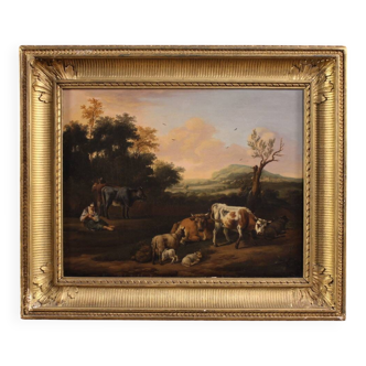 Antique Flemish bucolic landscape painting from the 18th century