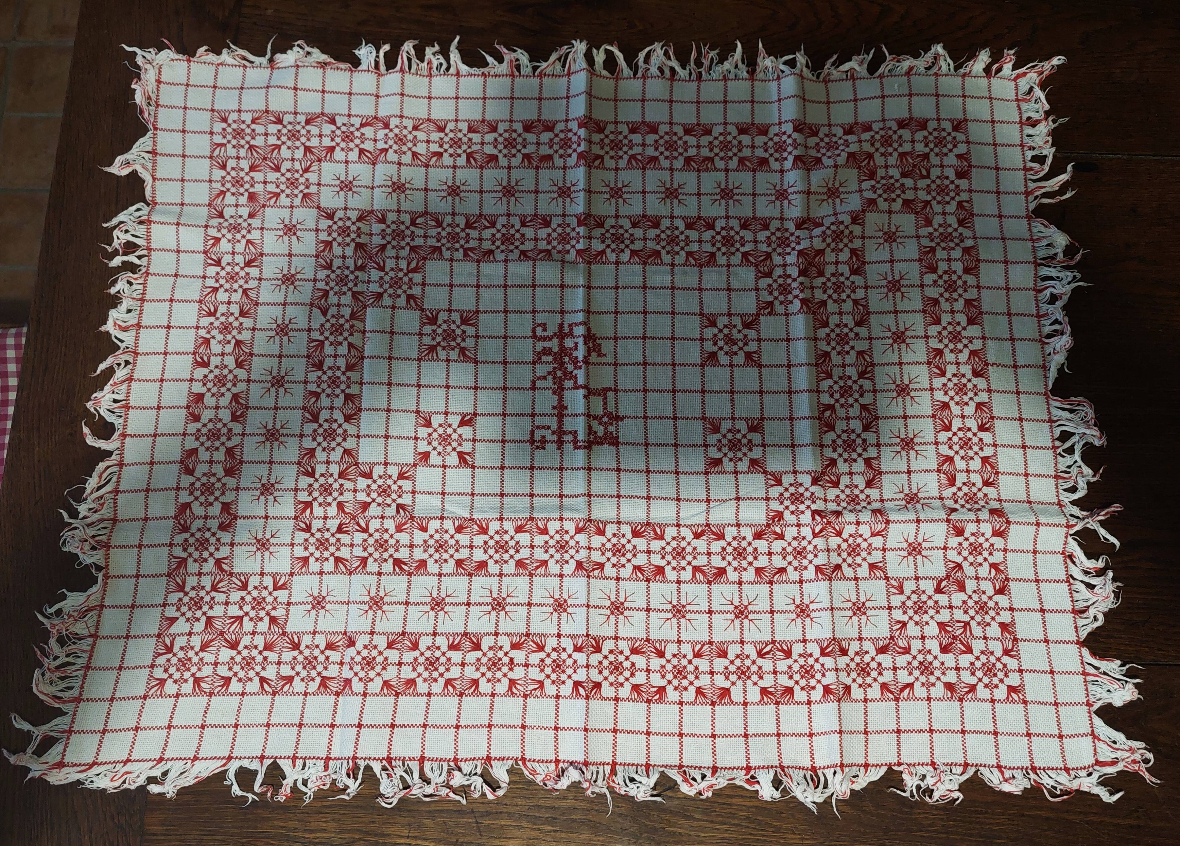 Red checkered cotton tablecloth with fringes