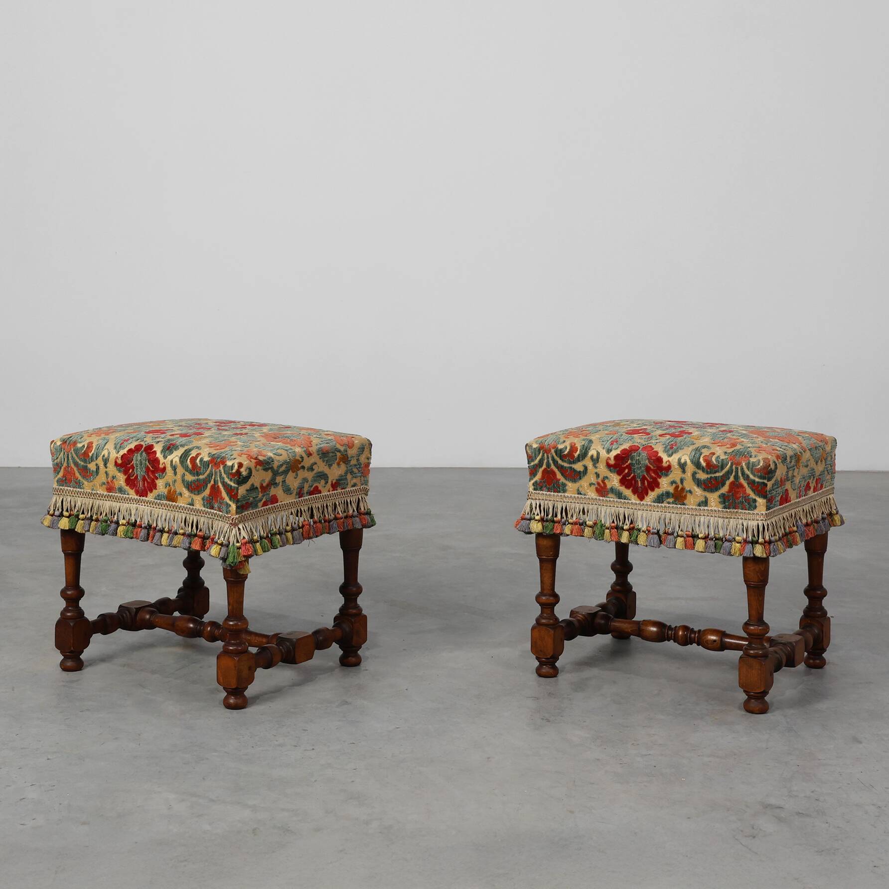 Early 20th Century Pair of Wood & Fabric French Footstools
