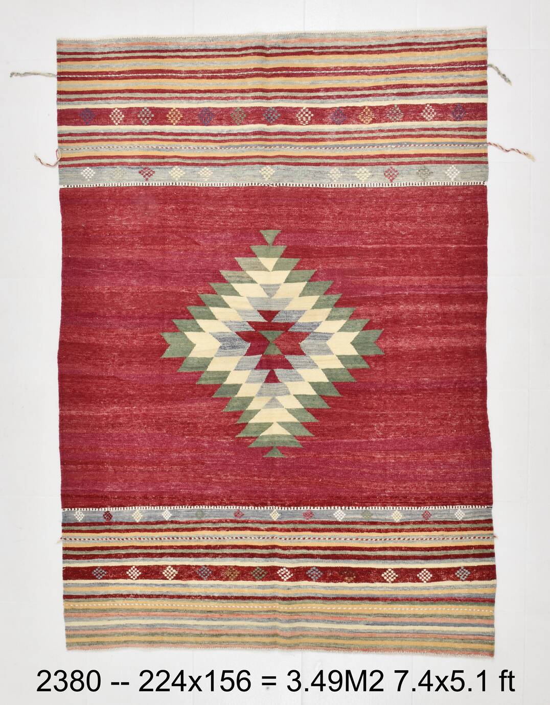 Wine Red & Green Turkish Kilim Rug, 156x224Cm