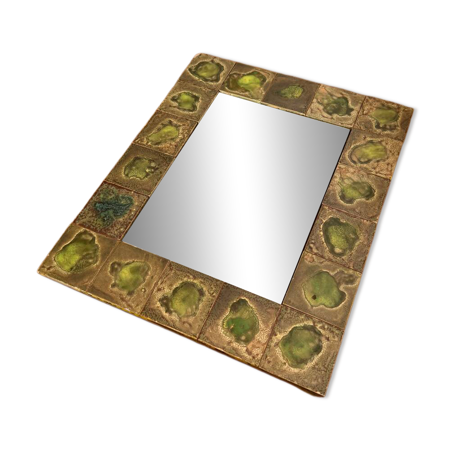Vintage 1960s green and brown glazed ceramic mirror.