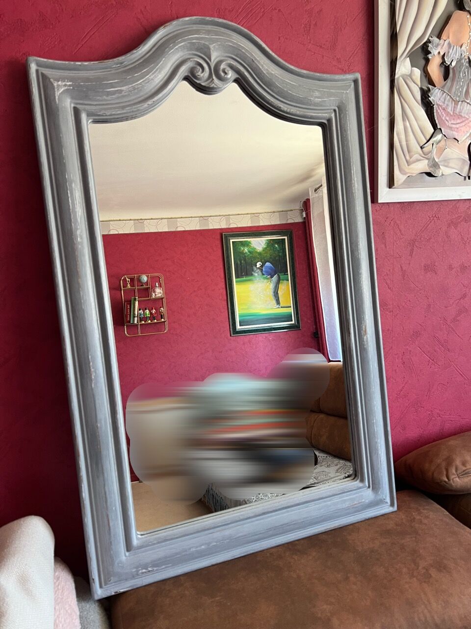Wood mirror, restyled gray, patinated