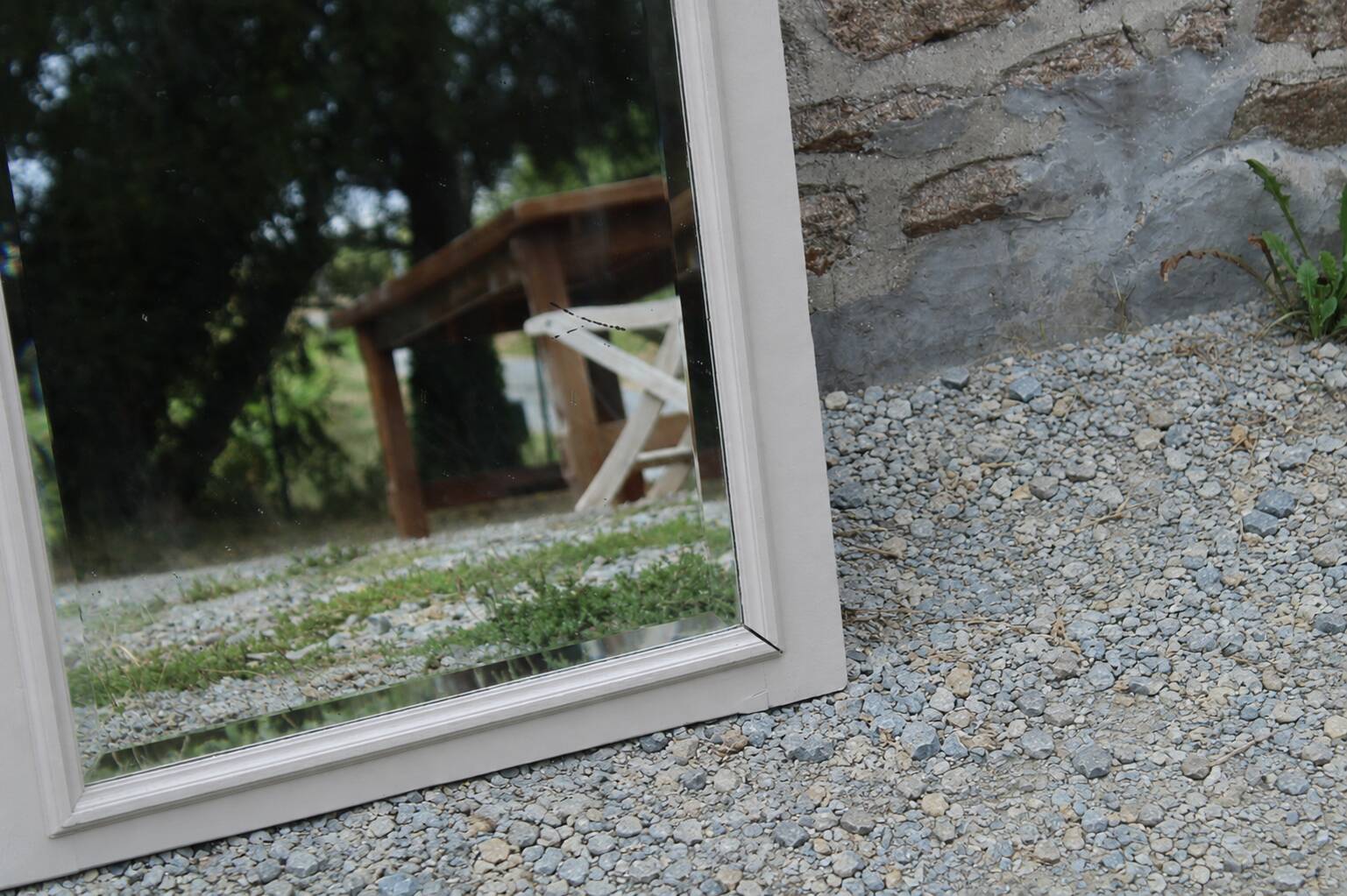 Large antique Art Deco bevelled mirror from 1929 – Greige tabletop mirror
