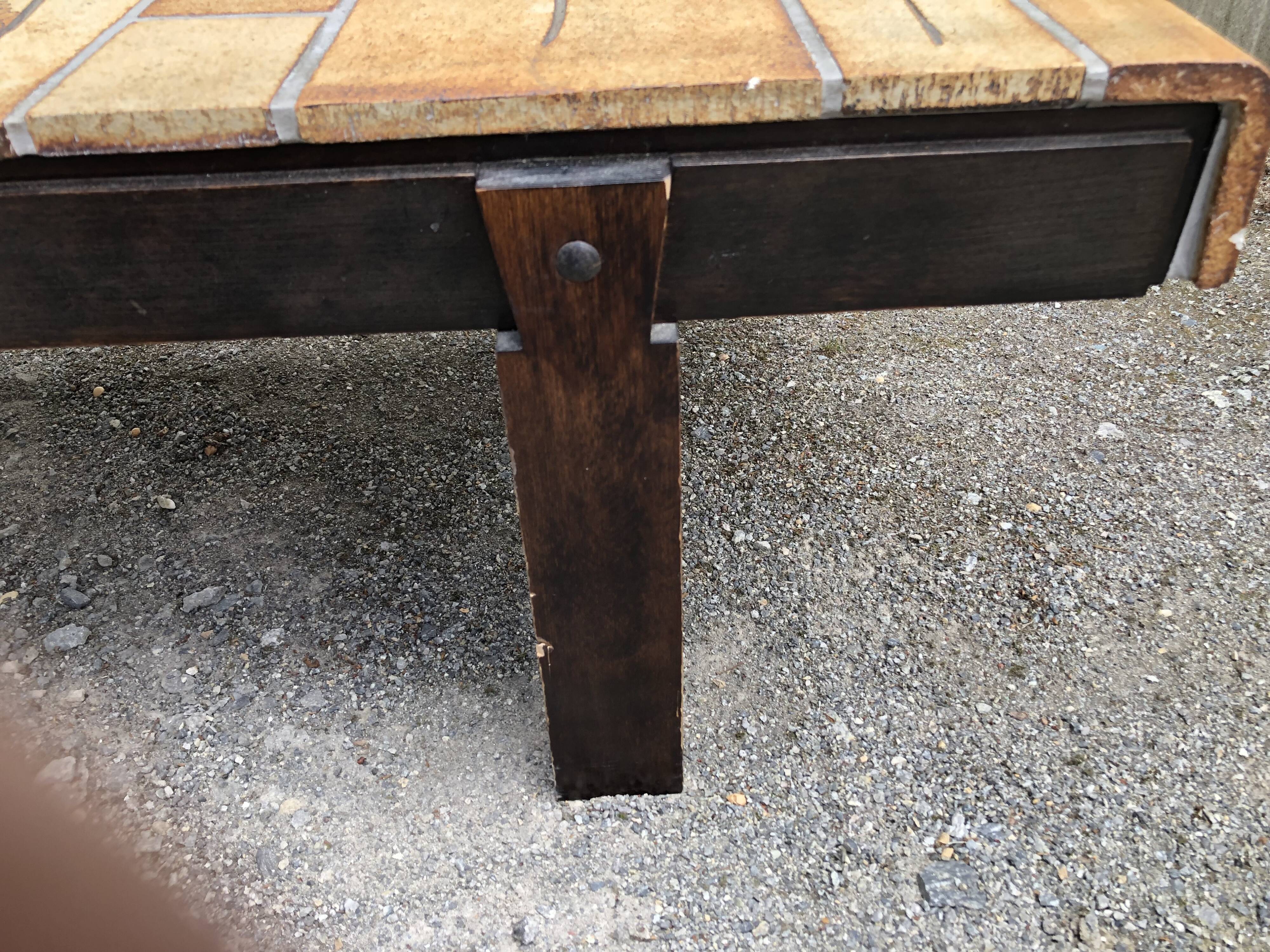 Vintage ceramic coffee table with herbarium decorations by Roger Capron, solid beech base.