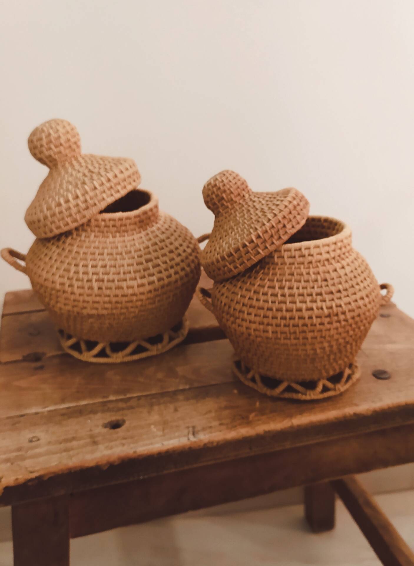 Set of vintage baskets in handmade wicker • Decorative pieces