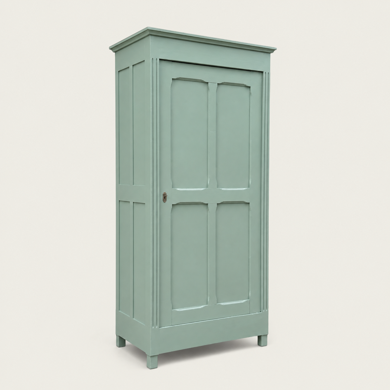 Antique Parisian wardrobe in grey-green solid pine.