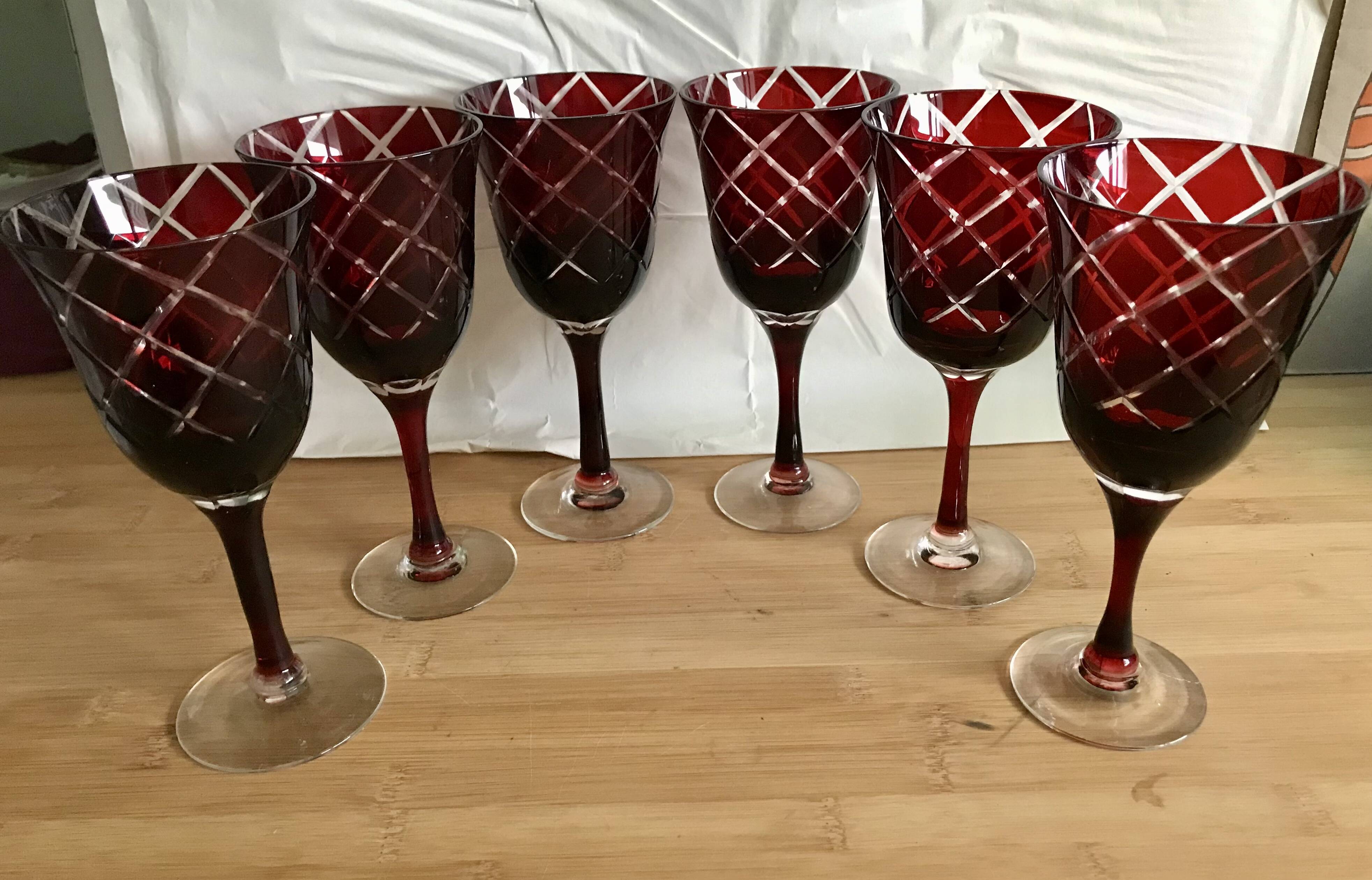 6 red italian cut glass wine glasses