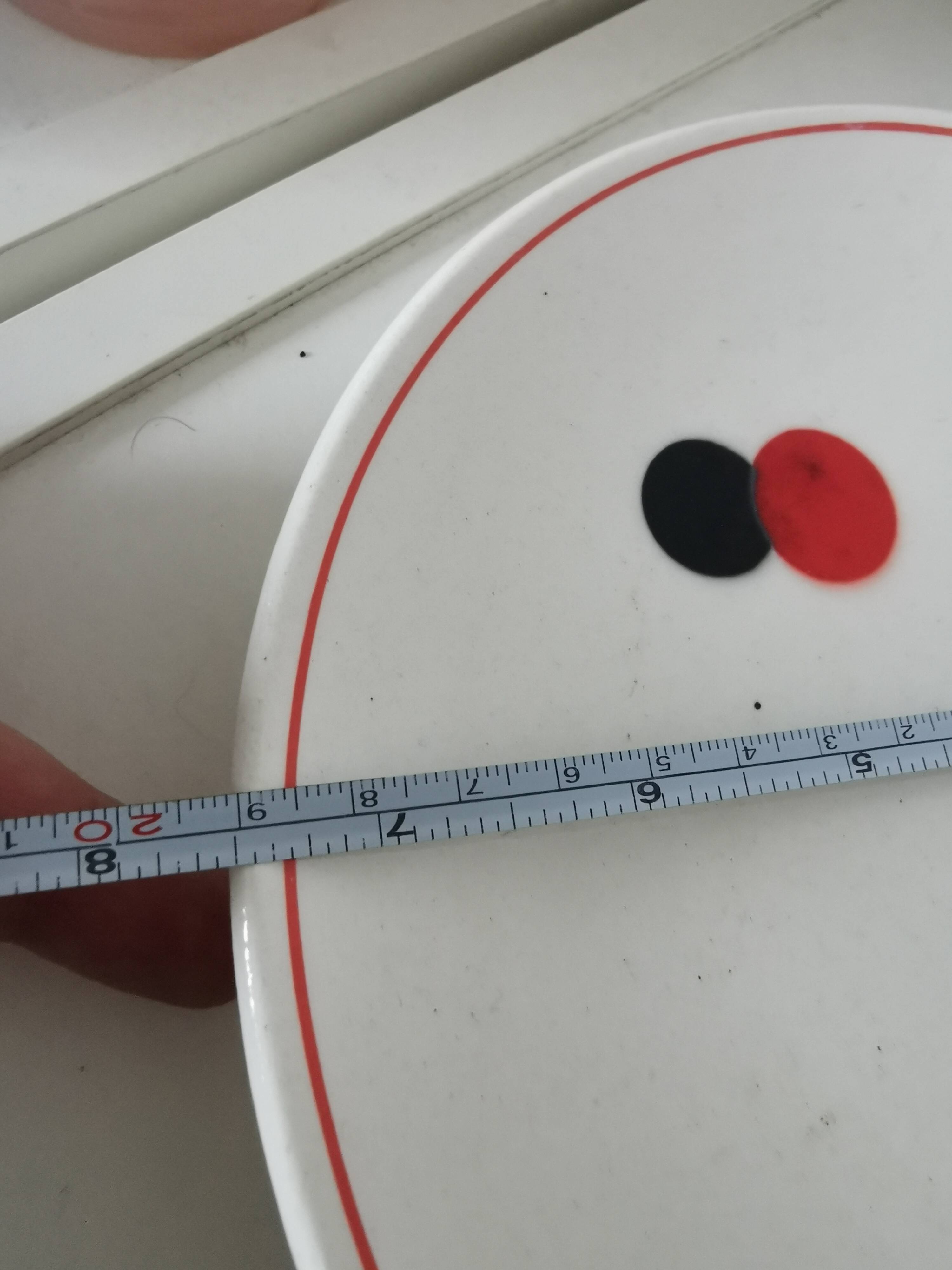 set of 5 Eastern European dessert plates from the 60s, white, red and black