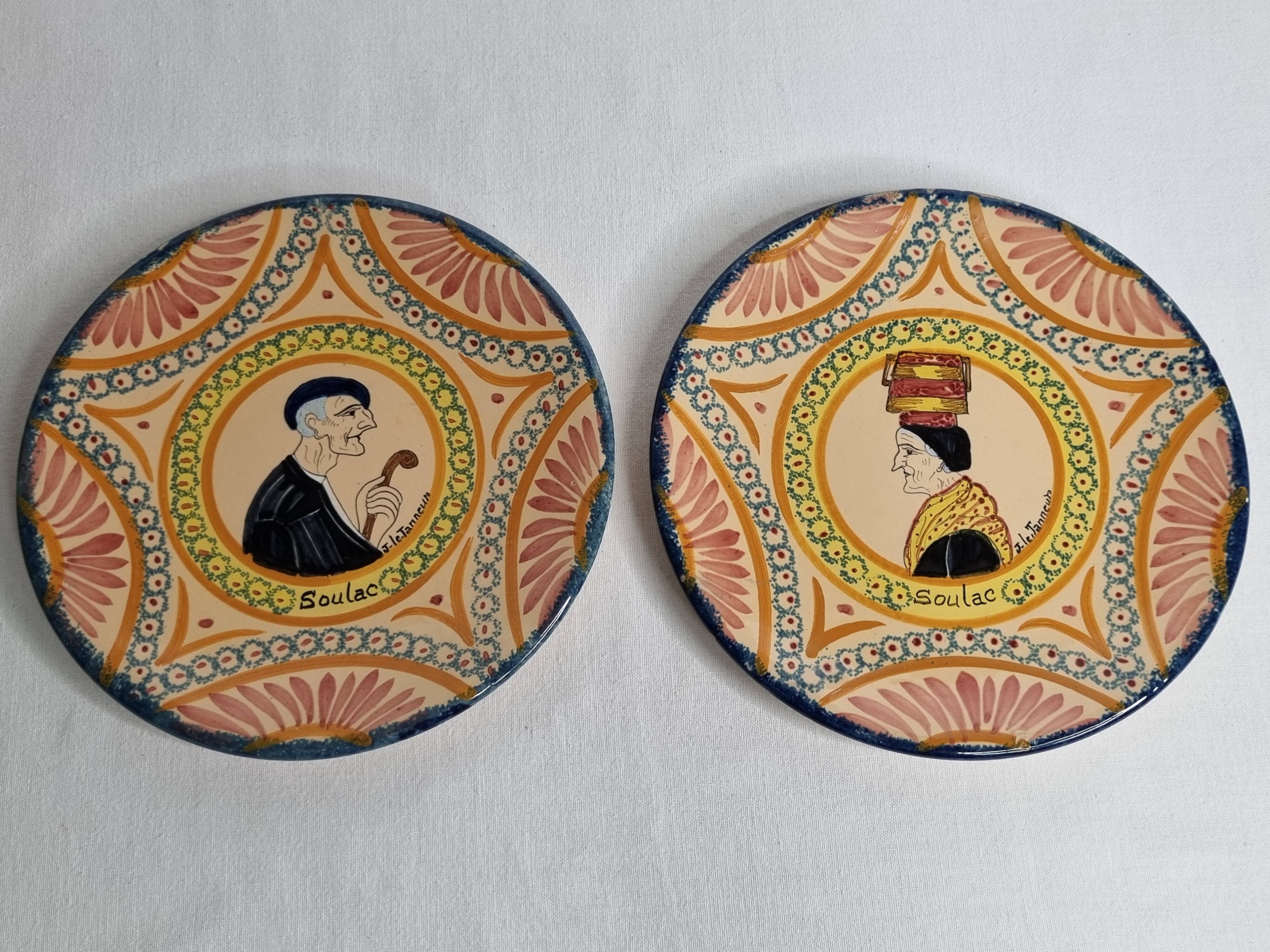 Pair of Henriot Quimper plates, Soulac decoration, signed, 1973, 18 cm