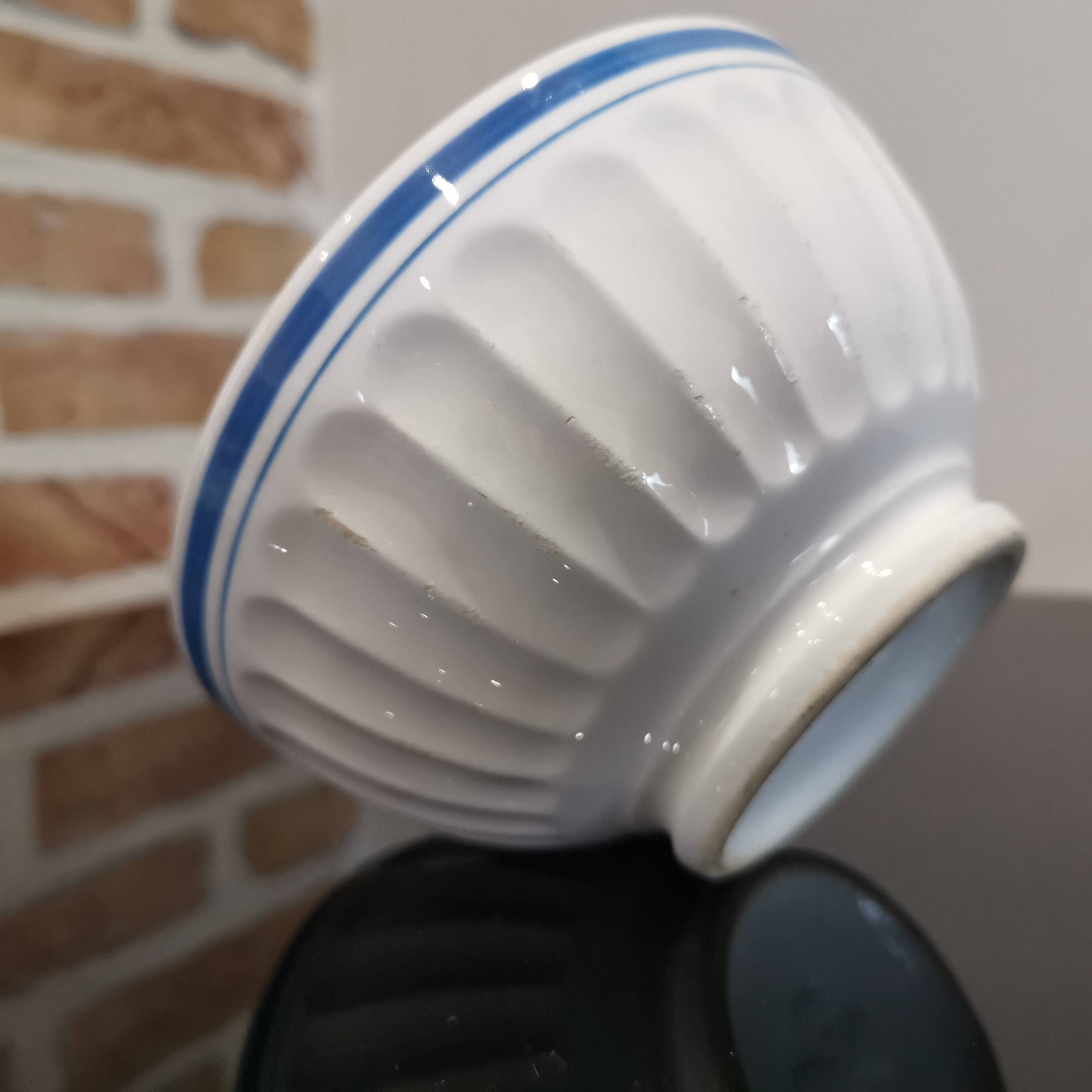 Old white bowl with blue edging Stamped Trèfle 50'S