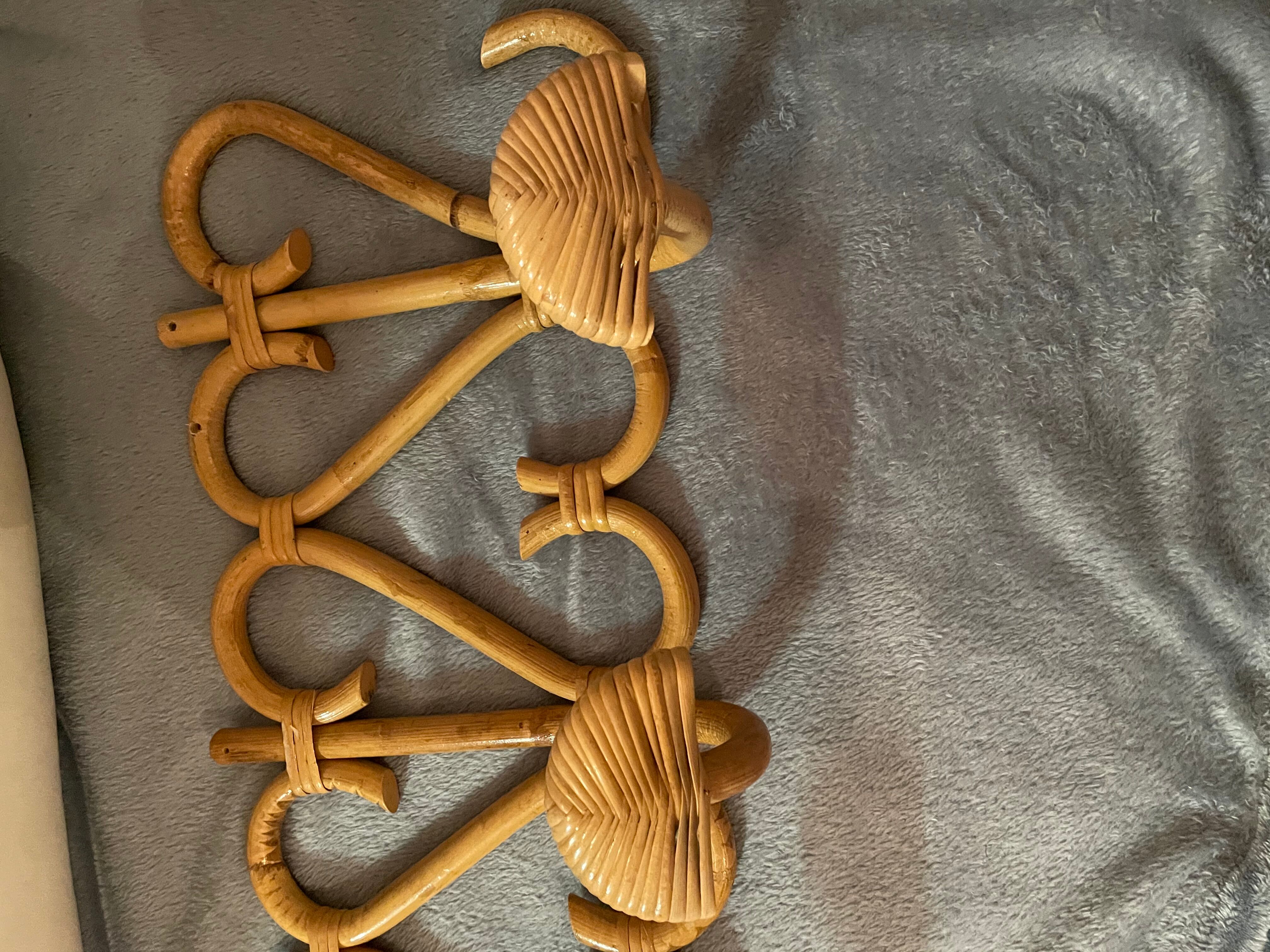 Vintage rattan wall coat holder with 3 pateres