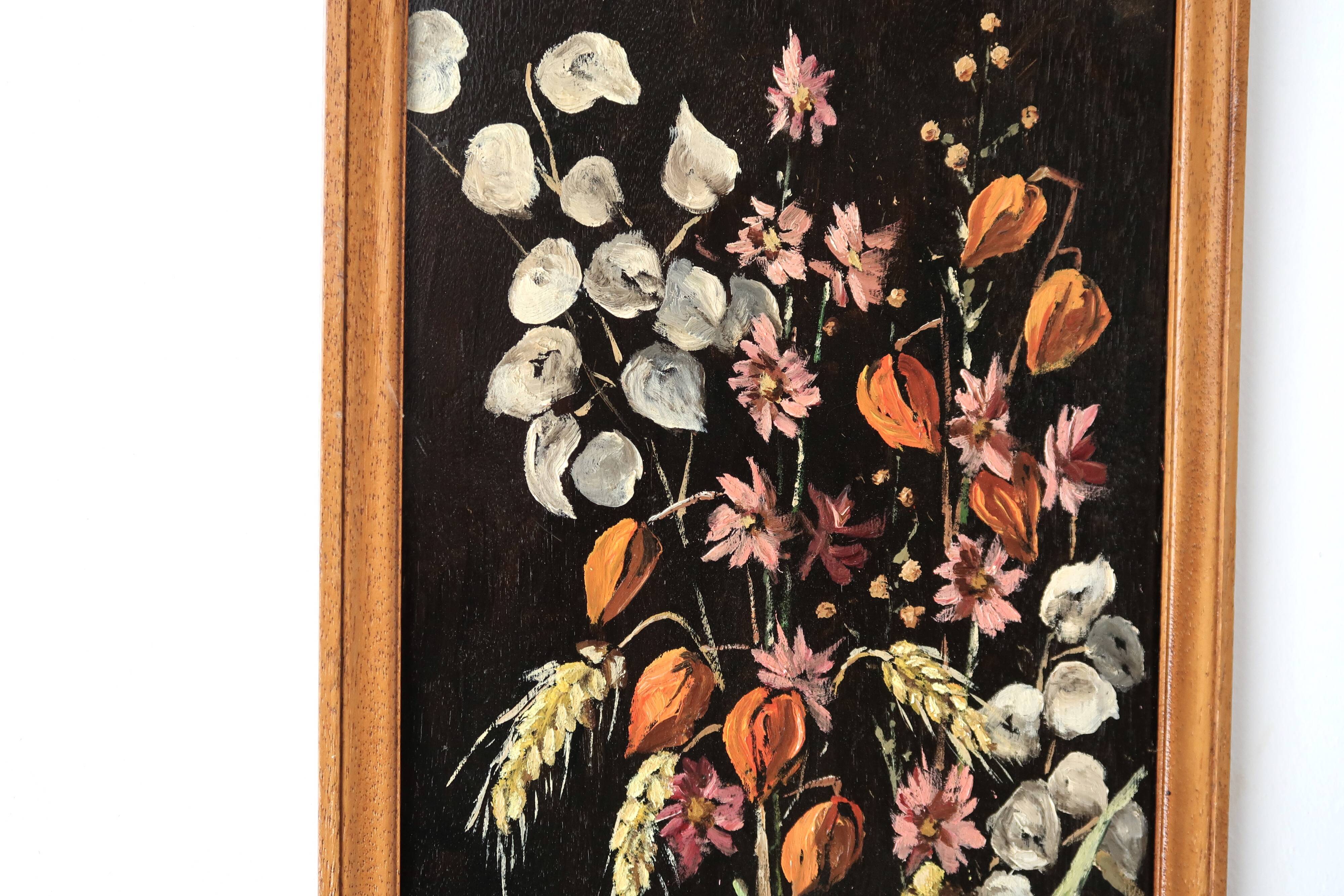 Painting, signed oil painting: flowers on a black background, 50s