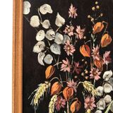 Painting, signed oil painting: flowers on a black background, 50s
