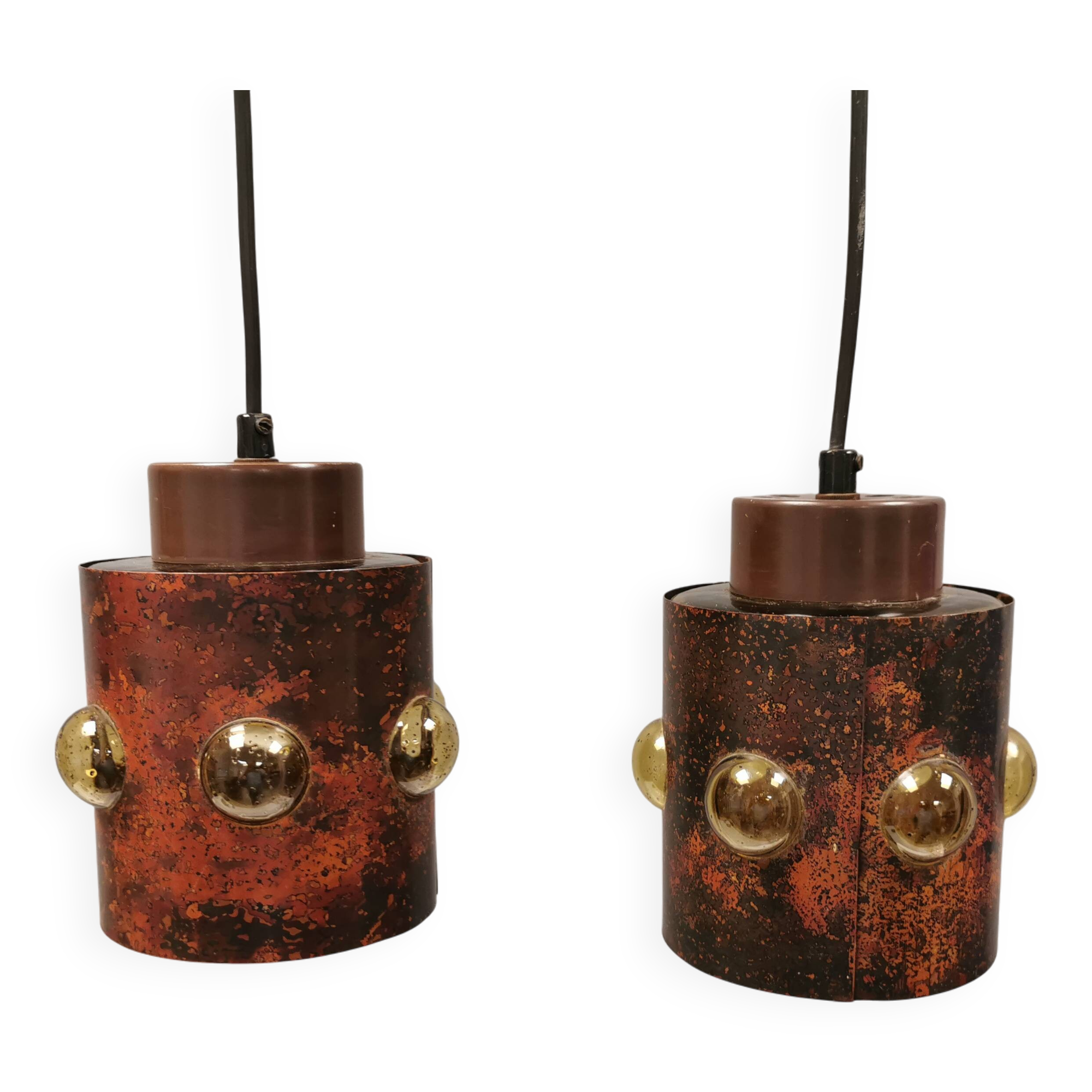 Two beautiful hanging lamps made of thin copper with inlaid glass 1970-80s