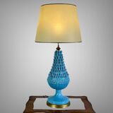 1.05 m pineapple lamp in turquoise ceramic on a gilded wooden base from the 1950s