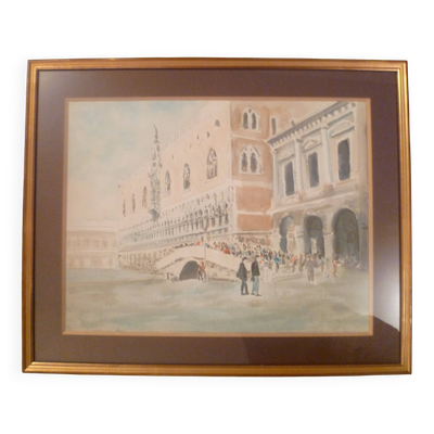 Tableau aquarelle signé en bas à drte '' vue de venise animée'' dans on cadre