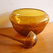 Vintage amber blown bubble glass salad bowl and ladle.