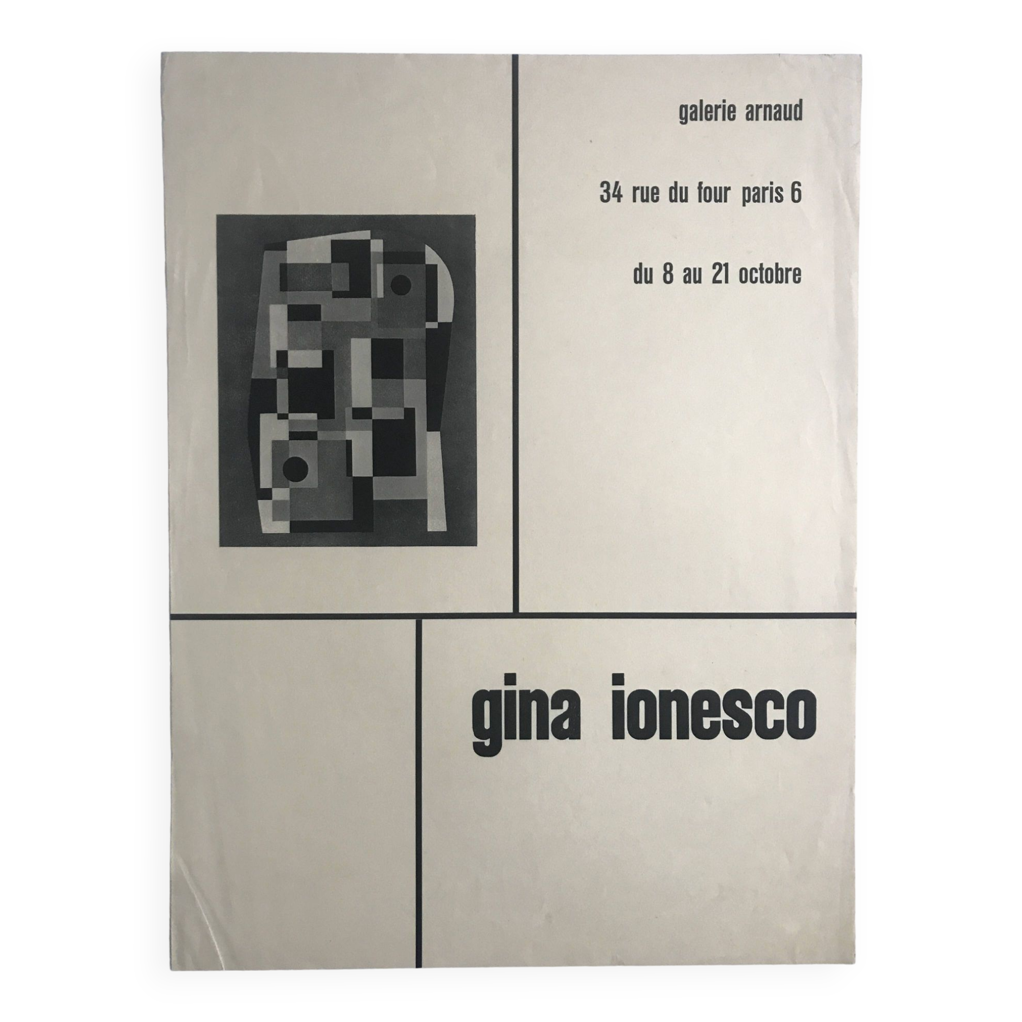 Gina ionesco, galerie arnaud, circa 1955. original poster in b&w
