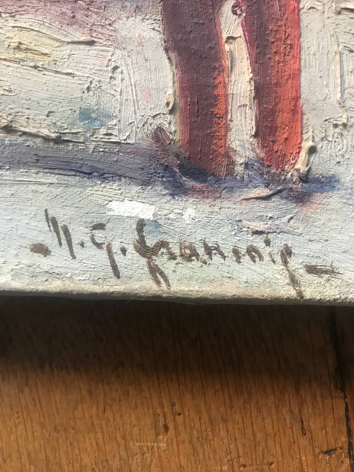 Large old marine oil painting - Sailboats in port.