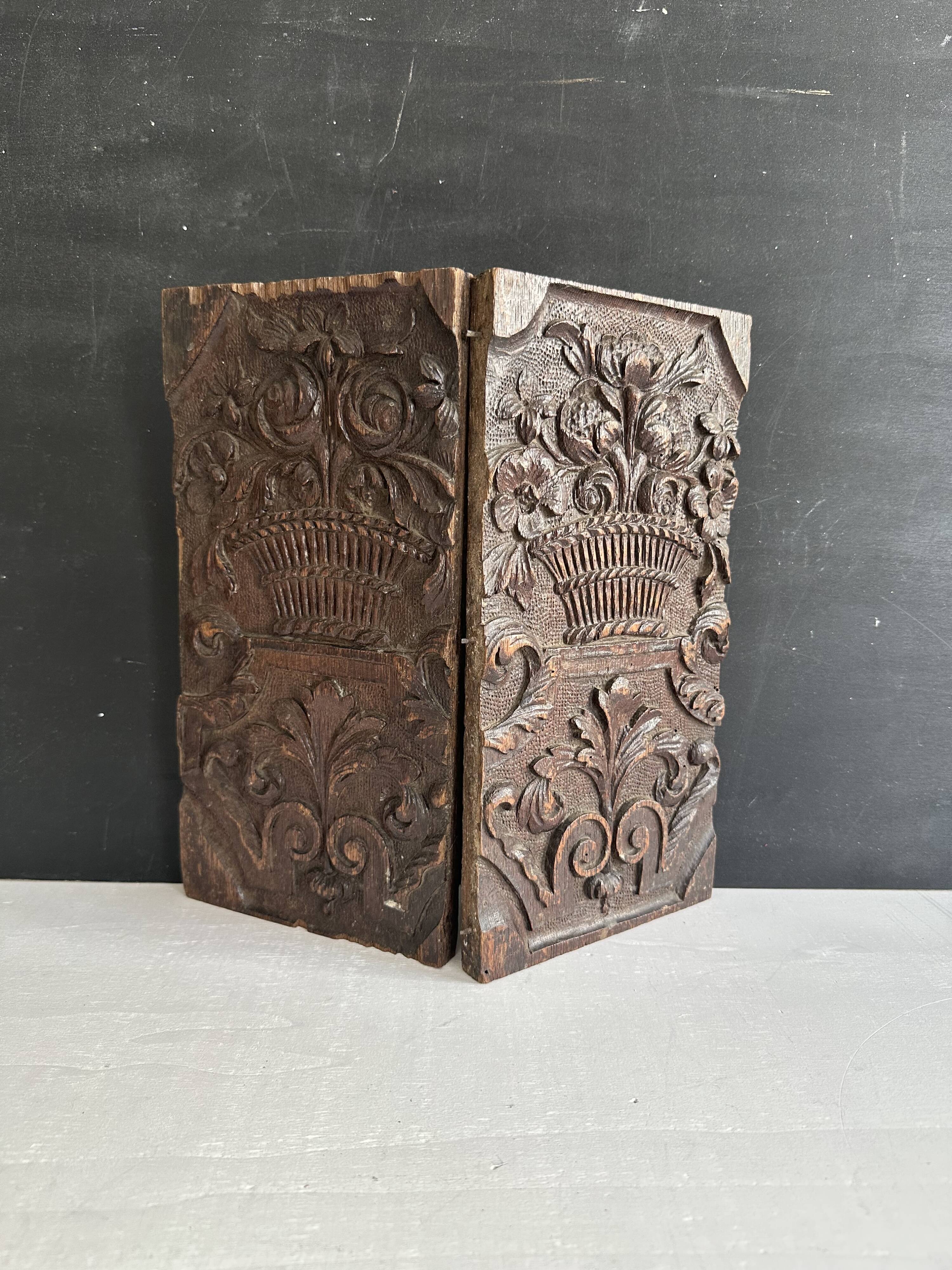 Pair of antique decorative panels in carved wood, 19th century
