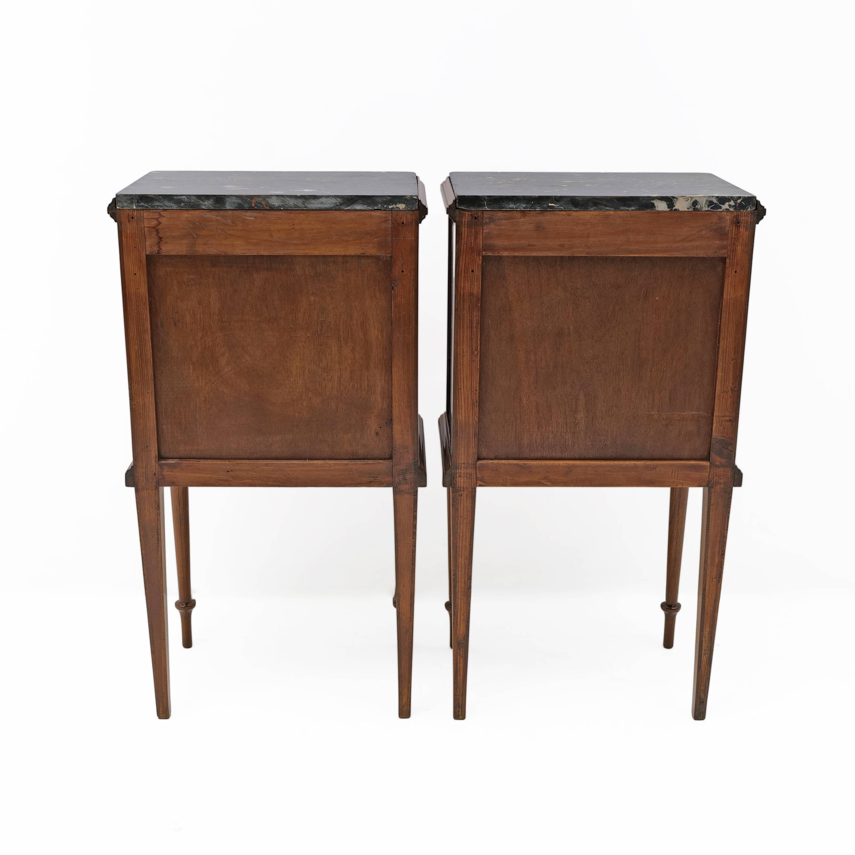 Pair of Louis XVI Style Bedside Tables with Inlays and Marble Top, Italy, 1