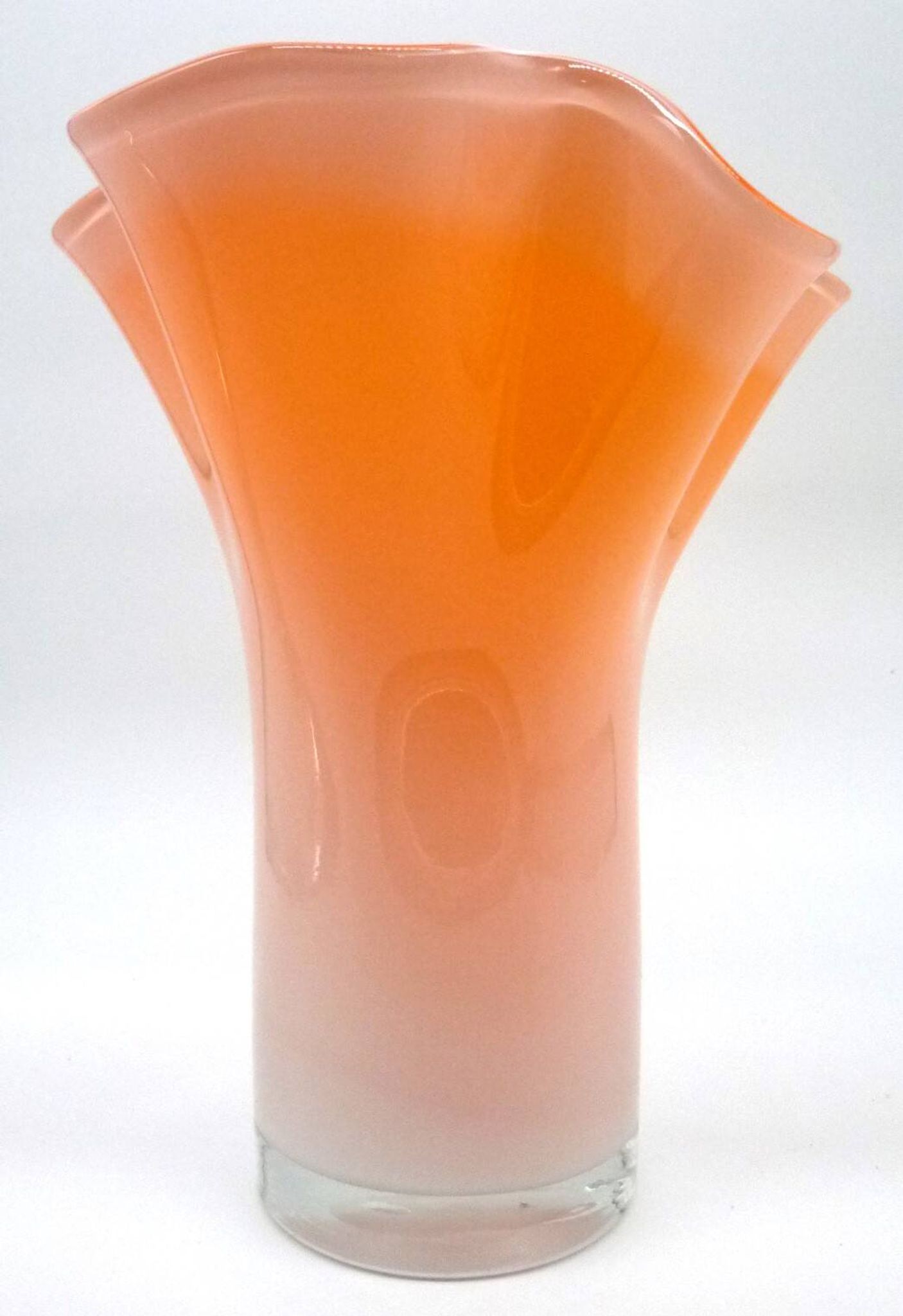 Murano handkerchief vase, blown glass, 1960s design, white and orange.