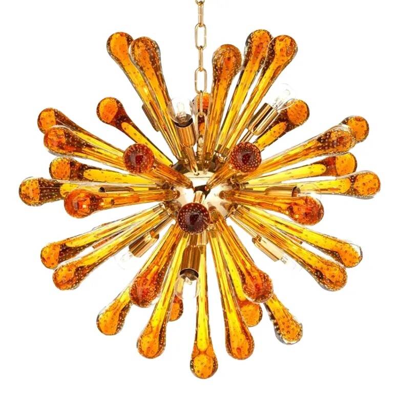 Murano Glass Sputnik Chandelier with Gold Frame and Amber Air Drops