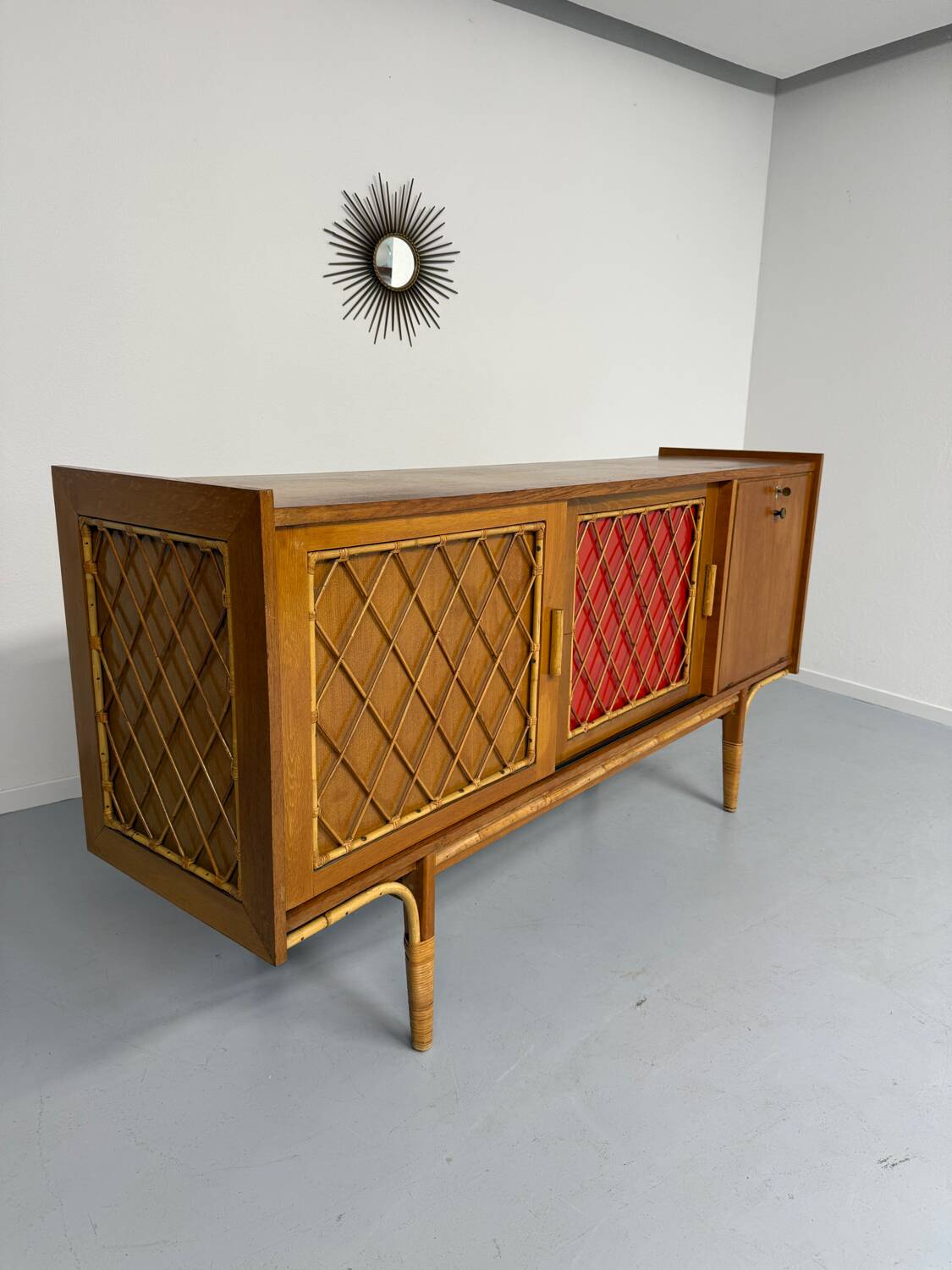 Antique French vintage 50s design wooden and rattan sideboard