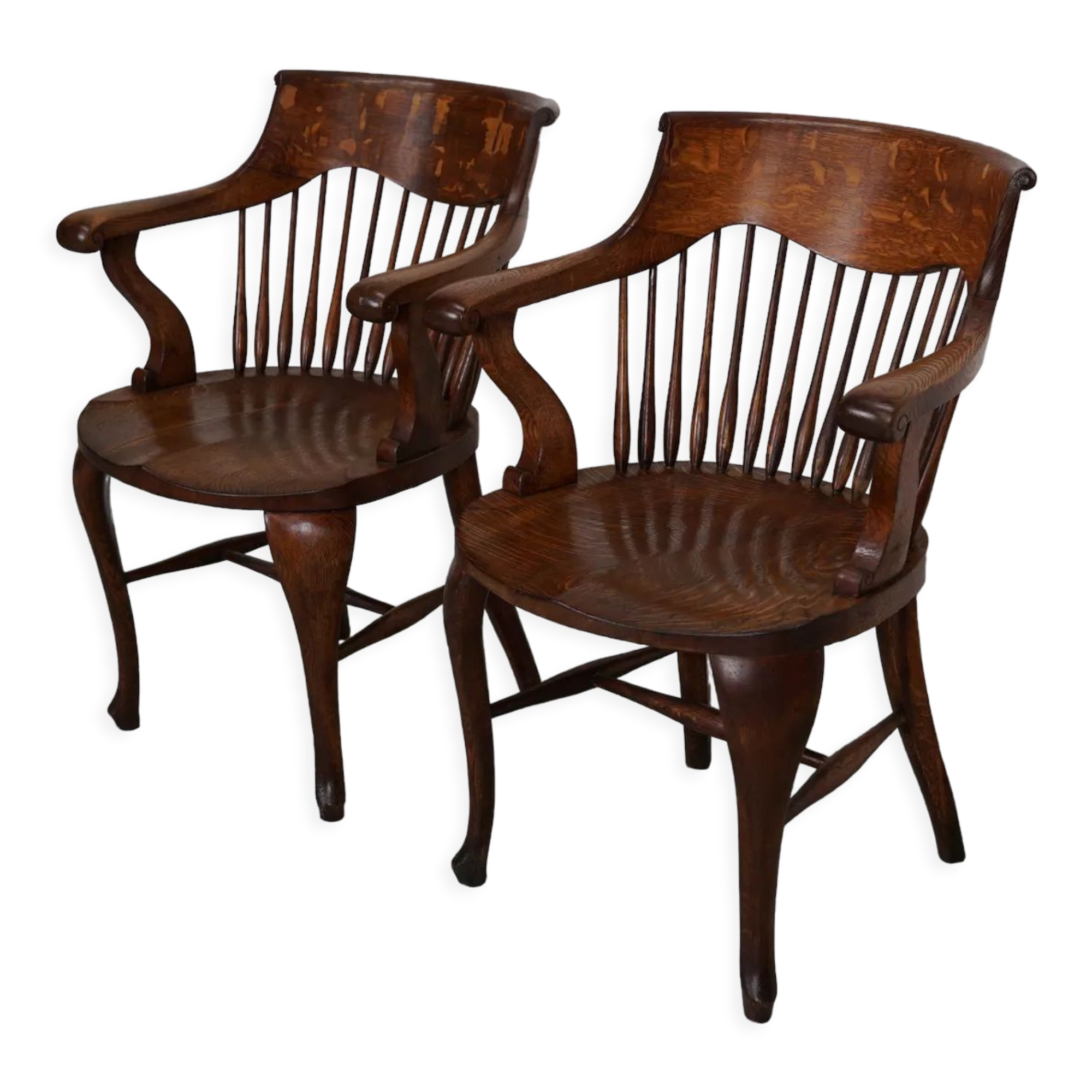 Pair of English Edwardian Oak Spindle Back Captains Office Desk Chairs
