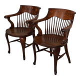 Pair of English Edwardian Oak Spindle Back Captains Office Desk Chairs