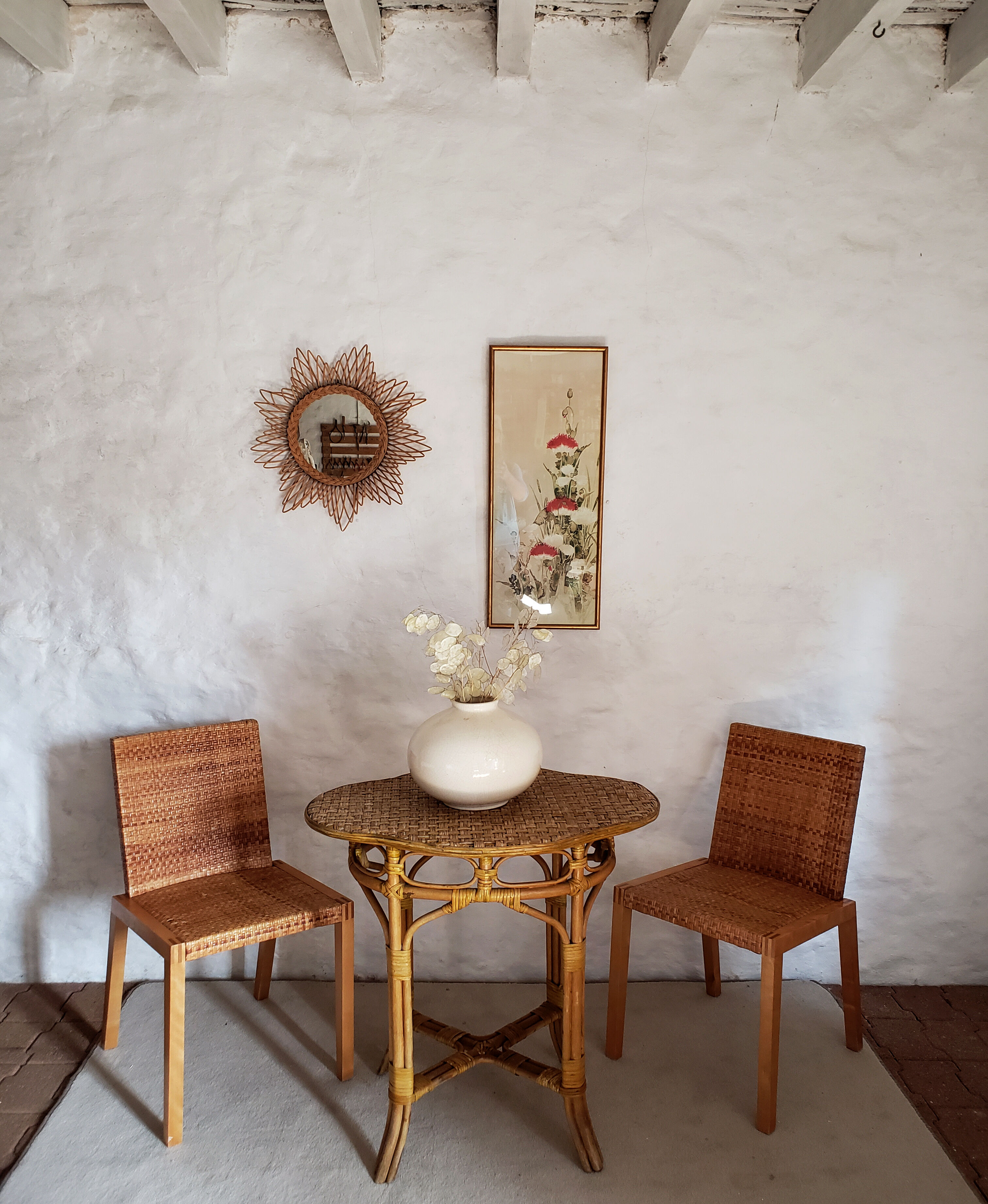 5 wooden and rattan chairs