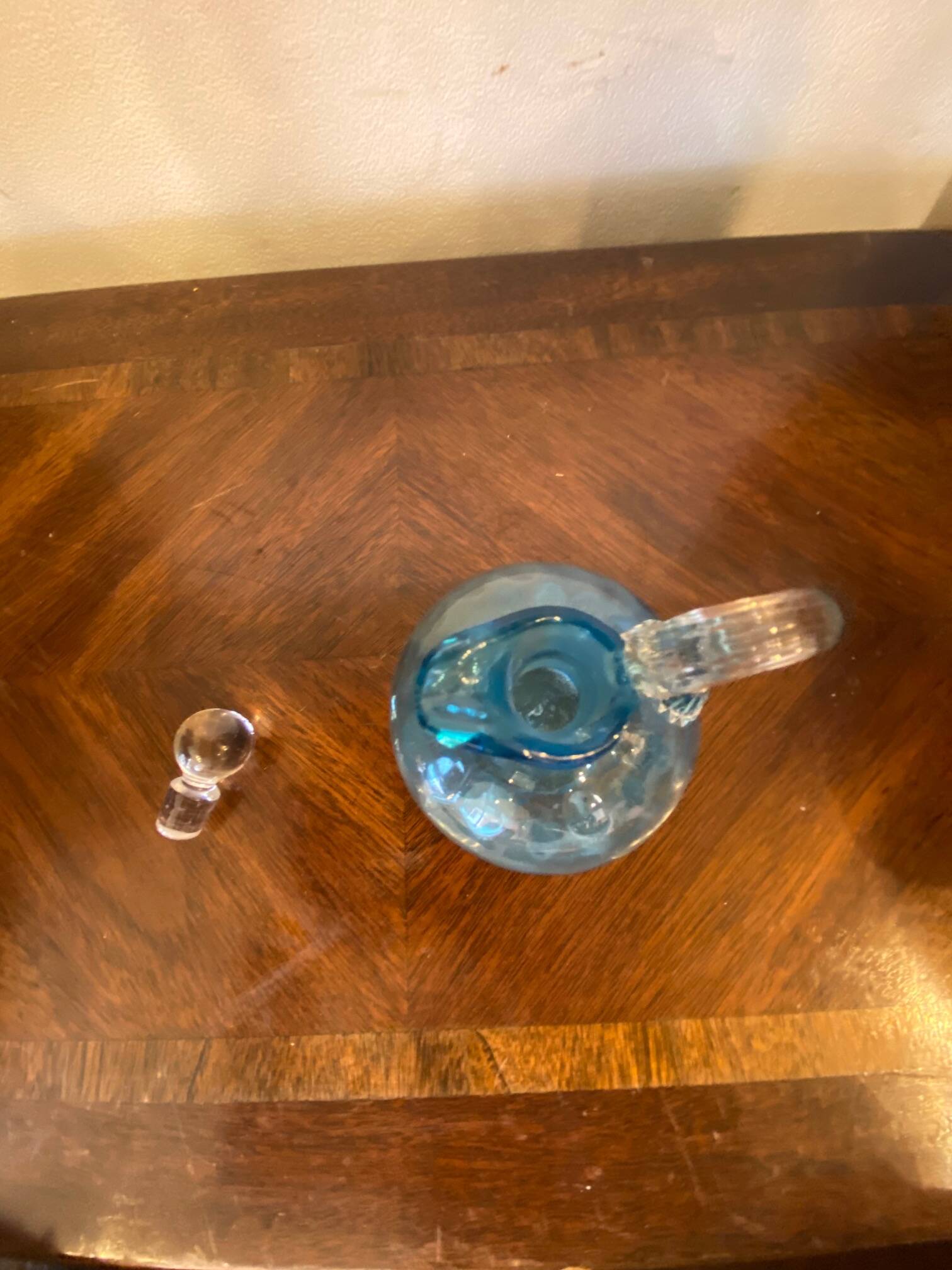 Night carafe in blue tones waffle glass with cabochon early 20th century