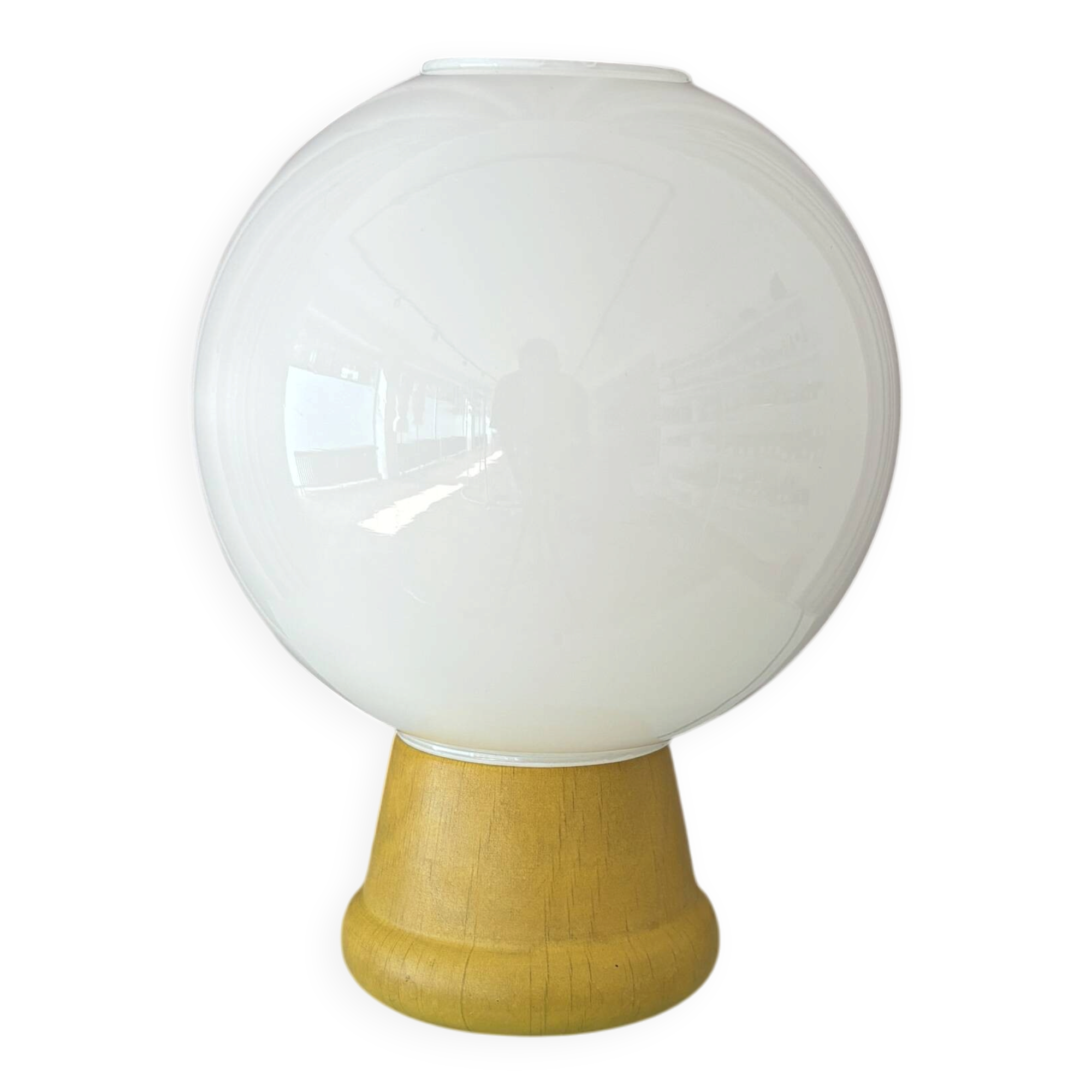 Lampe de table en verre opalin vintage avec base en bois
