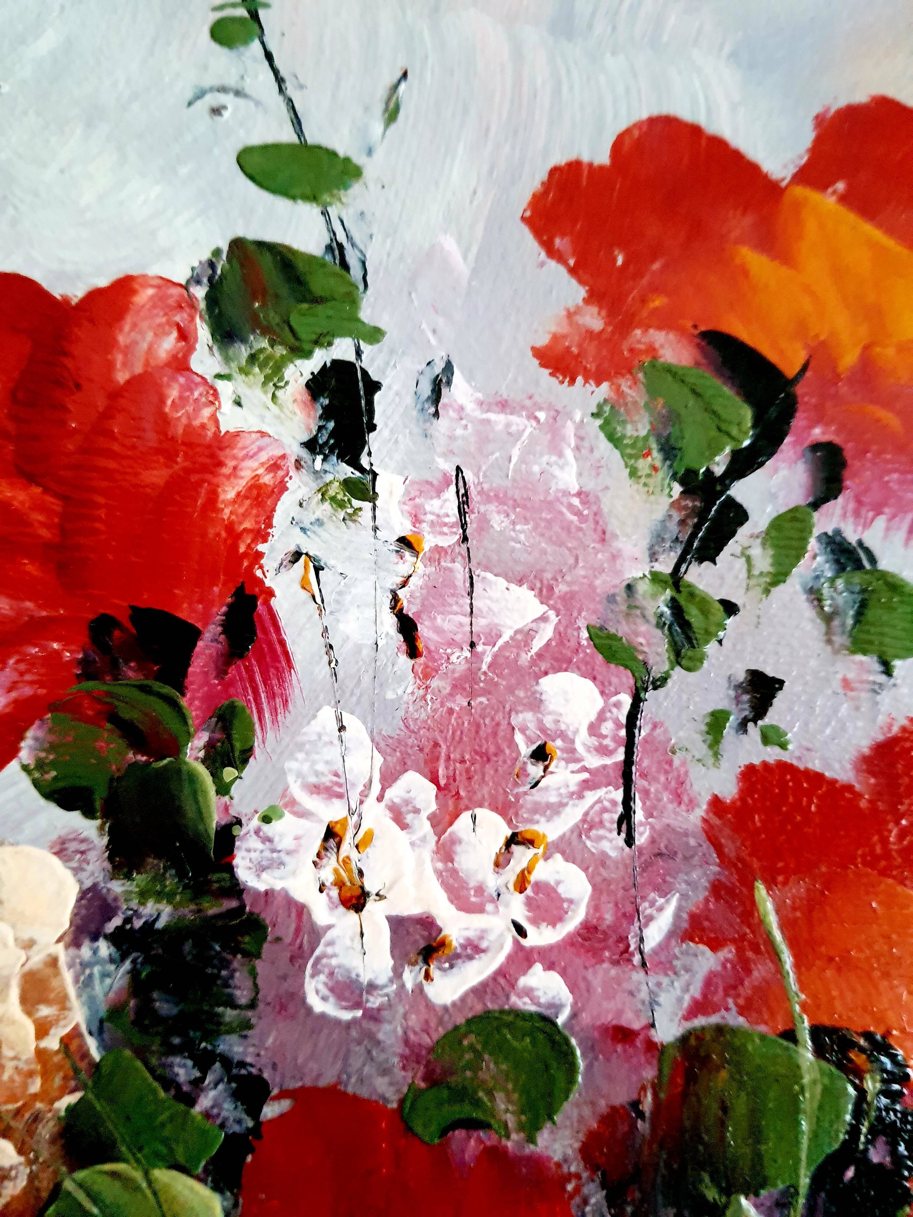 Oil on canvas bouquet of red flowers signed