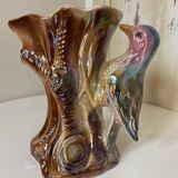 Kitsch Vase "Tree Trunk with Green Woodpecker" - Pink Iridescent Ceramic