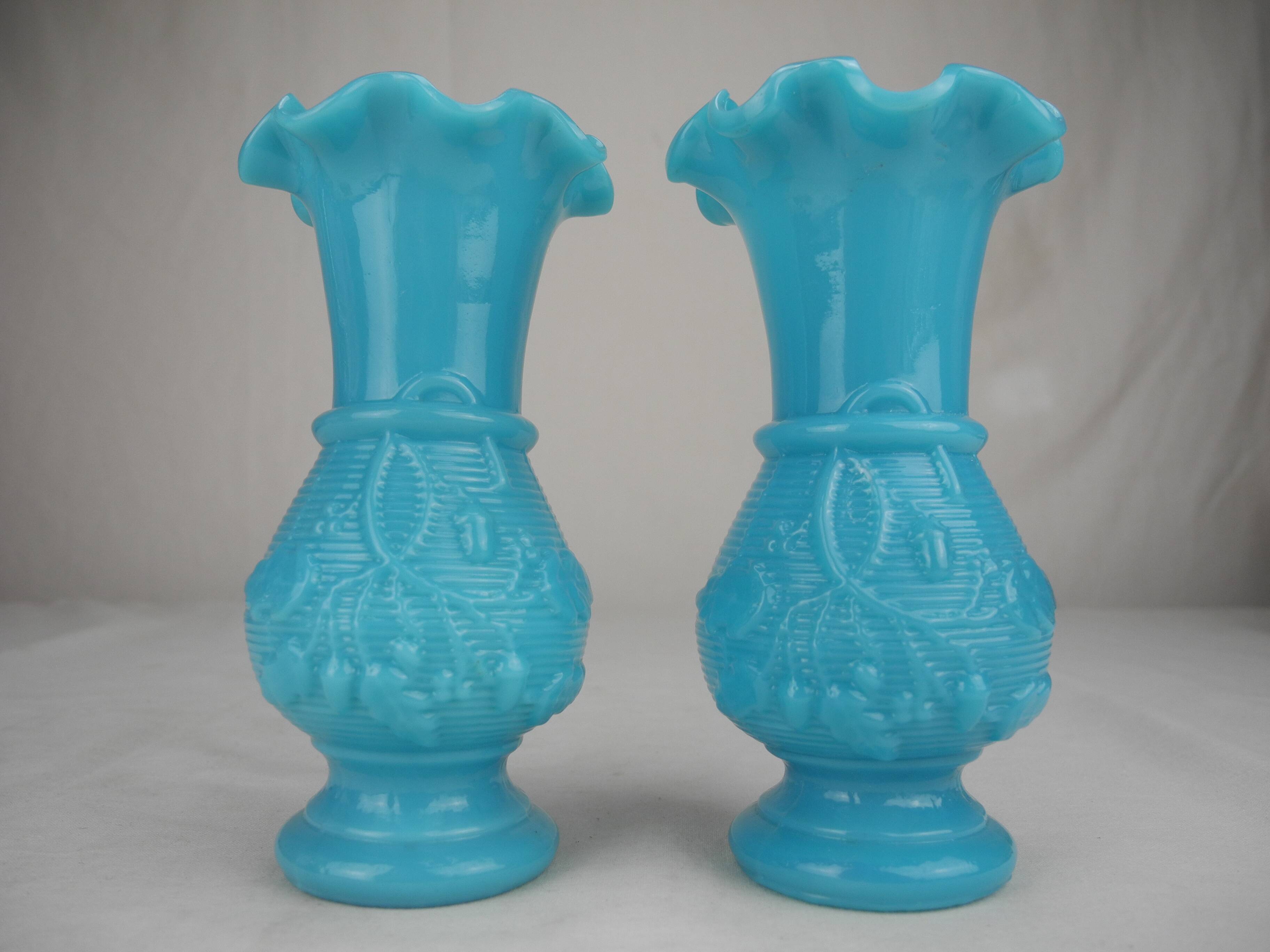 pair of small old blue opaline vases, shabby kitsch decor