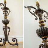 Vintage Large Black & Gold Iron Table Lamp Base, Antique 1950s Metal Bedside Lamp