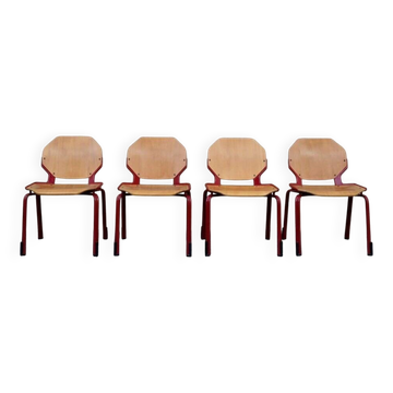 Série de 4 Chaises Design Rio Fröscher 1985 Postmodernes Rouge Bois
