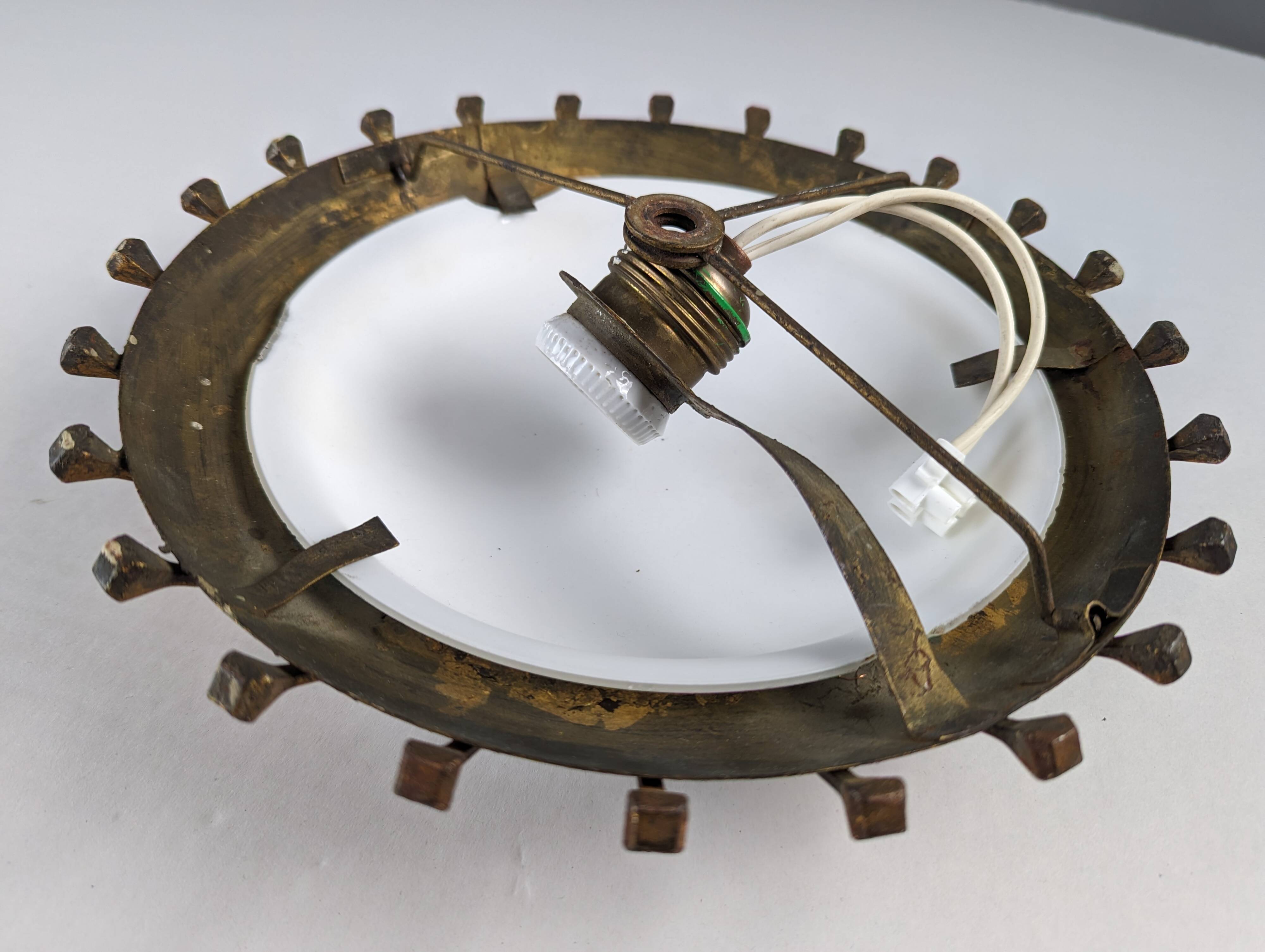 Sunburst lamp with nails forged with gold leaf and opaline, 1940s