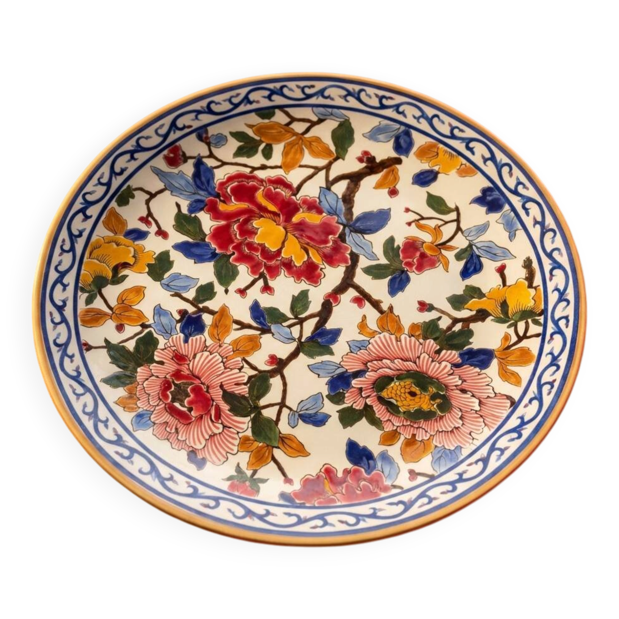 Large decorative plate Gien – French earthenware – multicoloured flowers – Ø 30