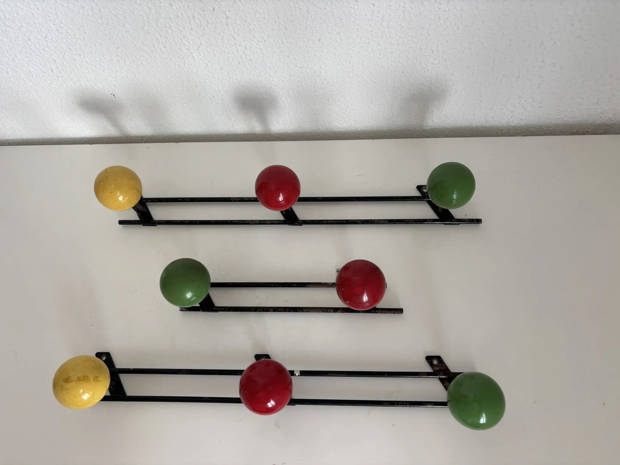 Vintage 1960s tricolour coat rack trio with 3 ball hooks - 45 x 6 / 2